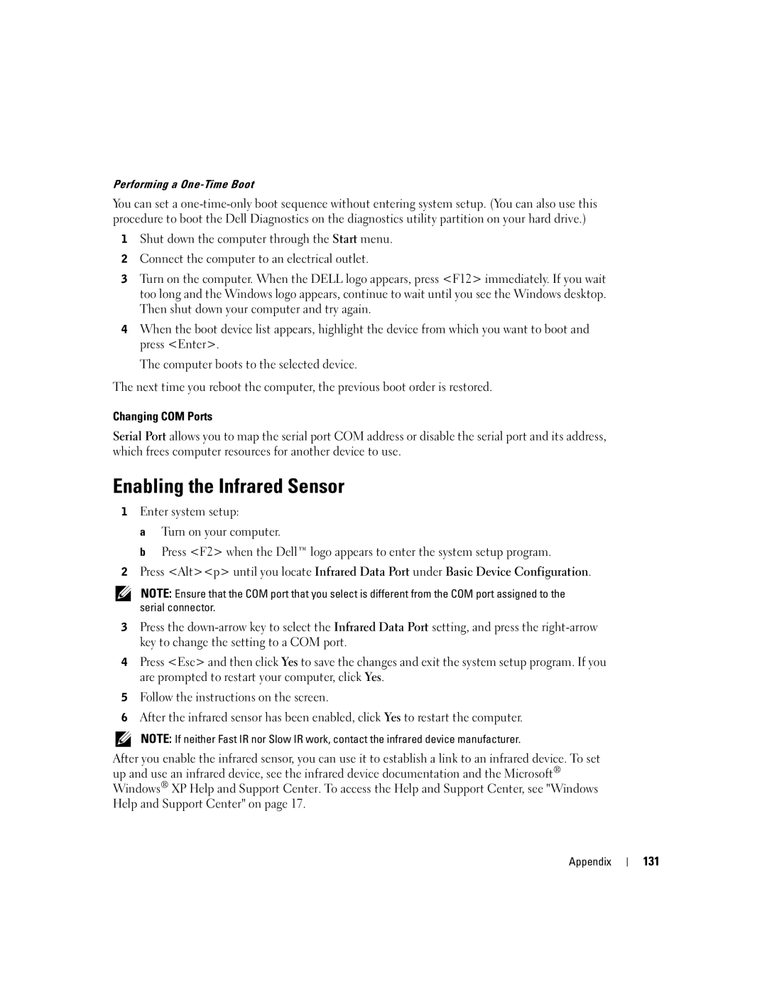 Dell 9100 owner manual Enabling the Infrared Sensor, 131 