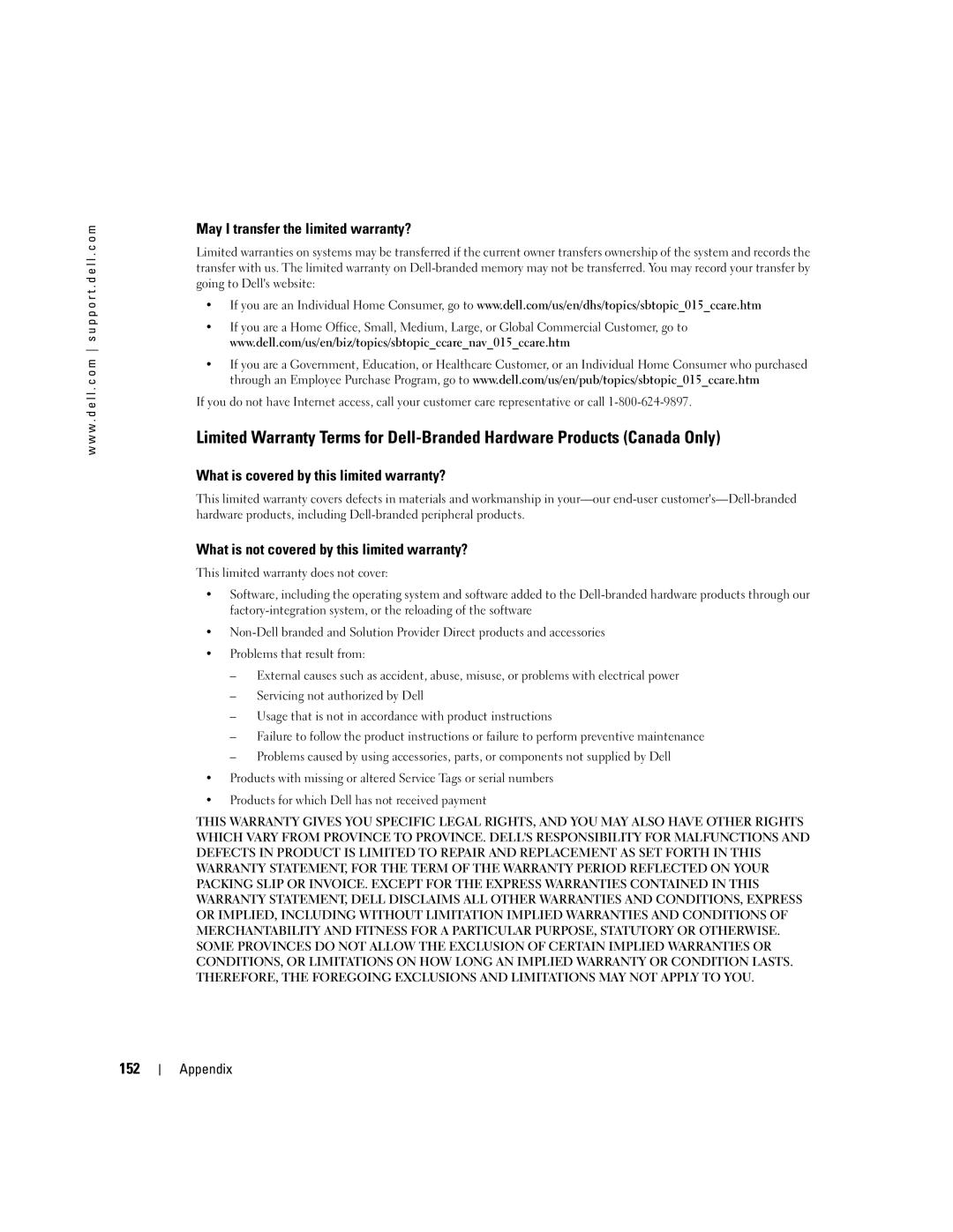 Dell 9100 owner manual May I transfer the limited warranty?, 152 