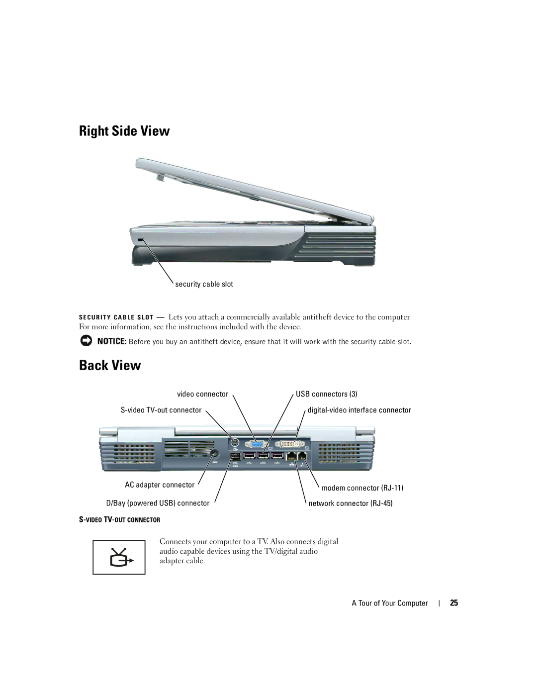 Dell 9100 owner manual Right Side View, Back View 