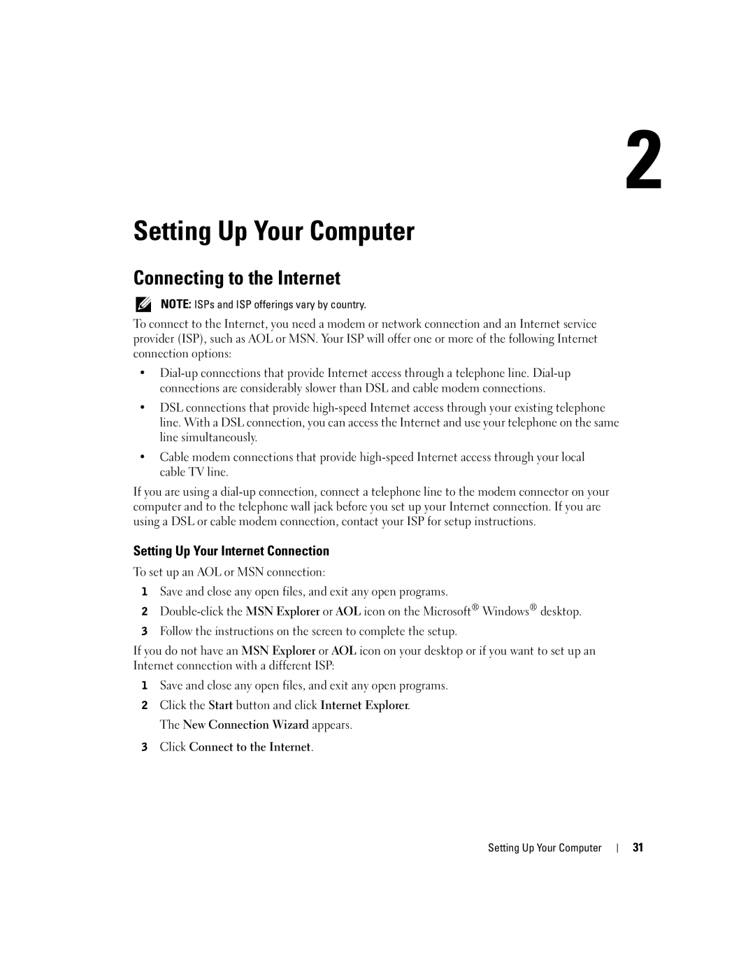 Dell 9100 owner manual Setting Up Your Computer, Connecting to the Internet, Setting Up Your Internet Connection 