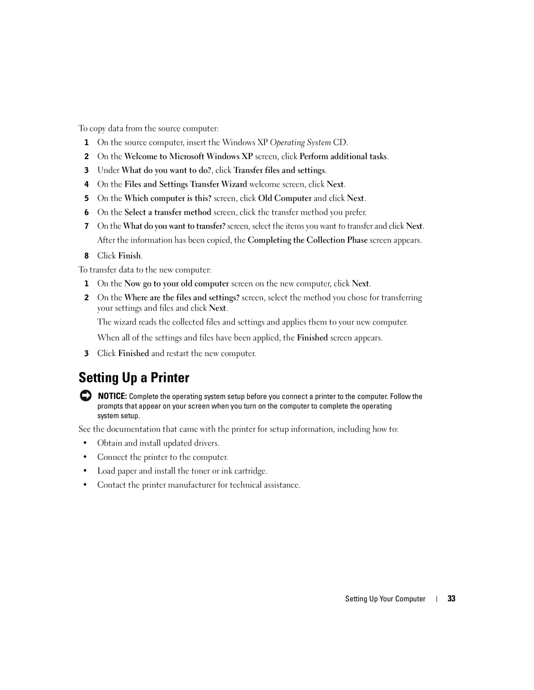 Dell 9100 owner manual Setting Up a Printer, Click Finished and restart the new computer 