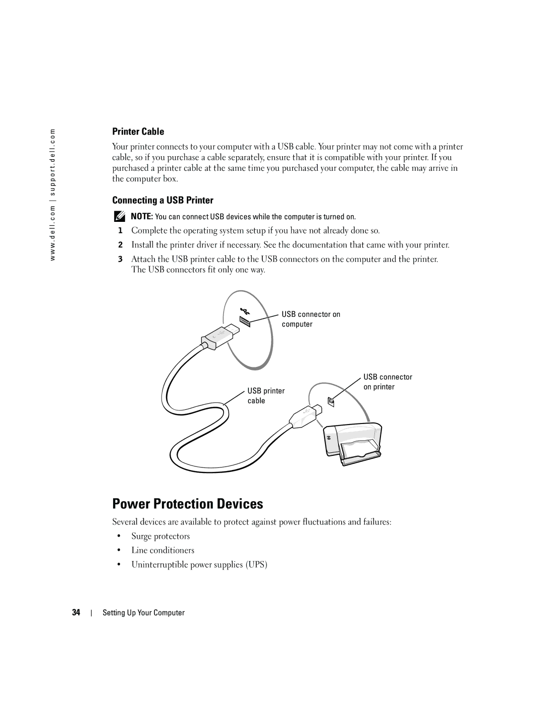 Dell 9100 owner manual Power Protection Devices, Printer Cable, Connecting a USB Printer 