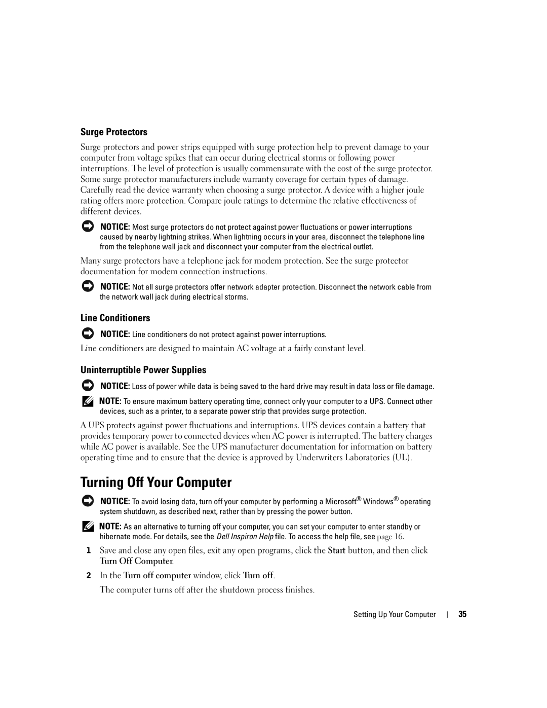 Dell 9100 owner manual Turning Off Your Computer, Surge Protectors, Line Conditioners, Uninterruptible Power Supplies 