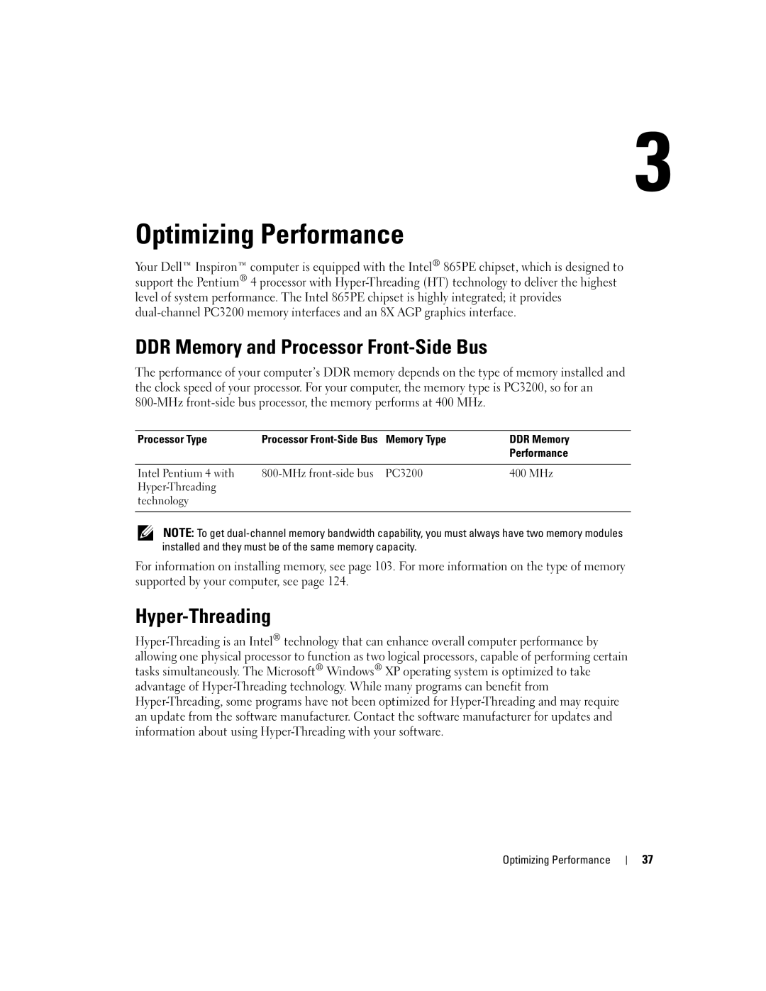 Dell 9100 owner manual Optimizing Performance, DDR Memory and Processor Front-Side Bus, Hyper-Threading 