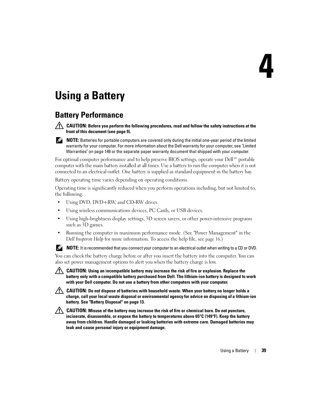 Dell 9100 owner manual Using a Battery, Battery Performance 