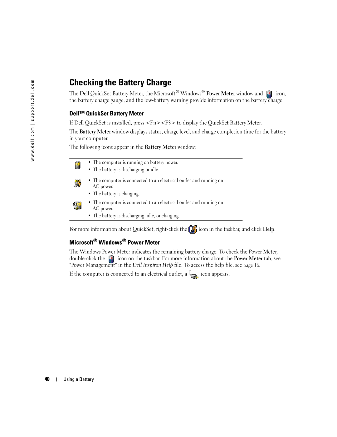 Dell 9100 owner manual Checking the Battery Charge, Dell QuickSet Battery Meter, Microsoft Windows Power Meter 