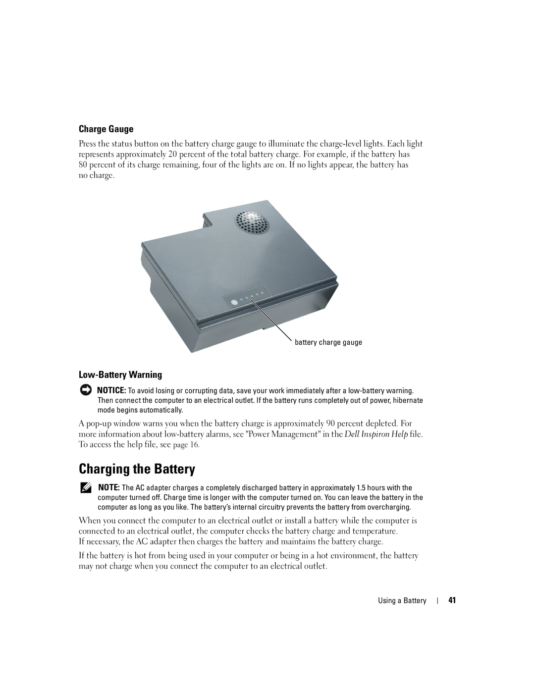 Dell 9100 owner manual Charging the Battery, Charge Gauge, Low-Battery Warning 