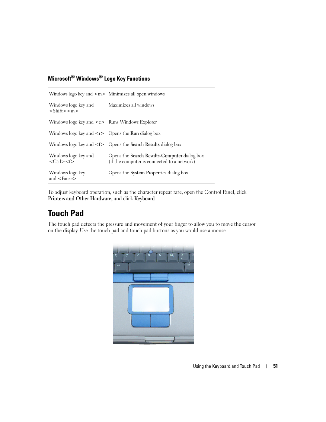 Dell 9100 owner manual Touch Pad, Microsoft Windows Logo Key Functions 