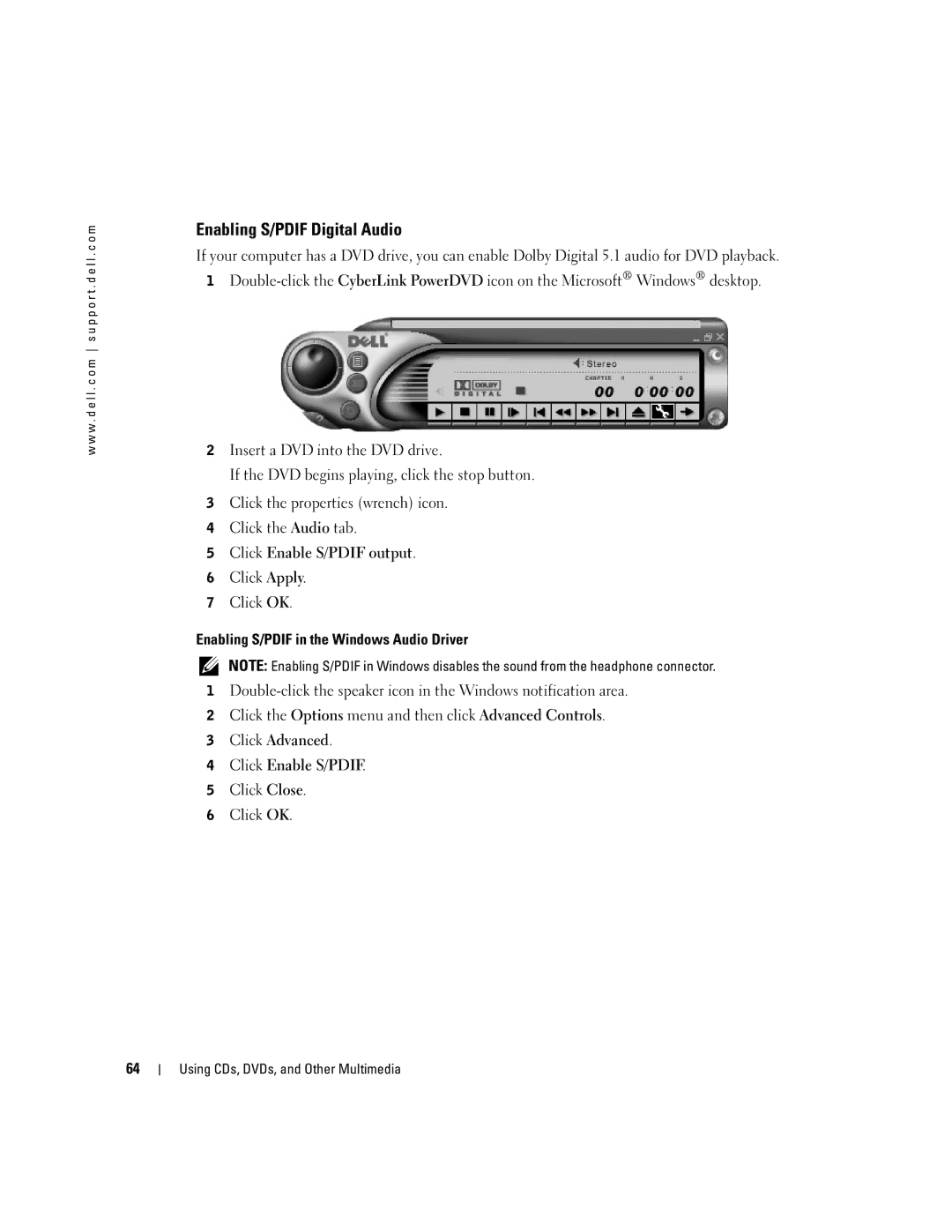 Dell 9100 owner manual Enabling S/PDIF Digital Audio, Click Close Click OK 