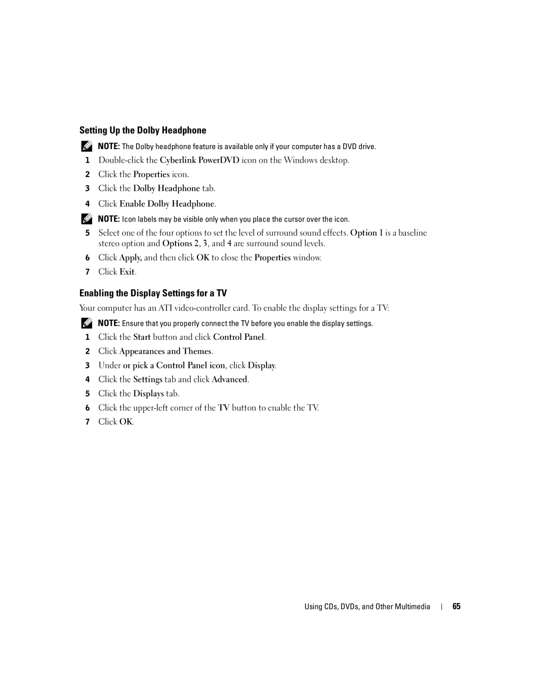 Dell 9100 owner manual Setting Up the Dolby Headphone, Enabling the Display Settings for a TV 