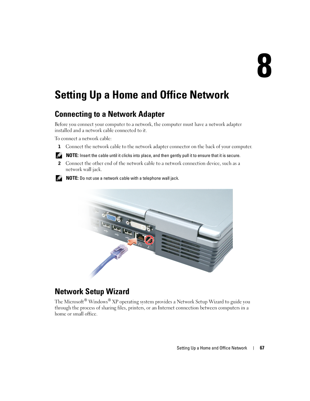 Dell 9100 owner manual Setting Up a Home and Office Network, Connecting to a Network Adapter, Network Setup Wizard 