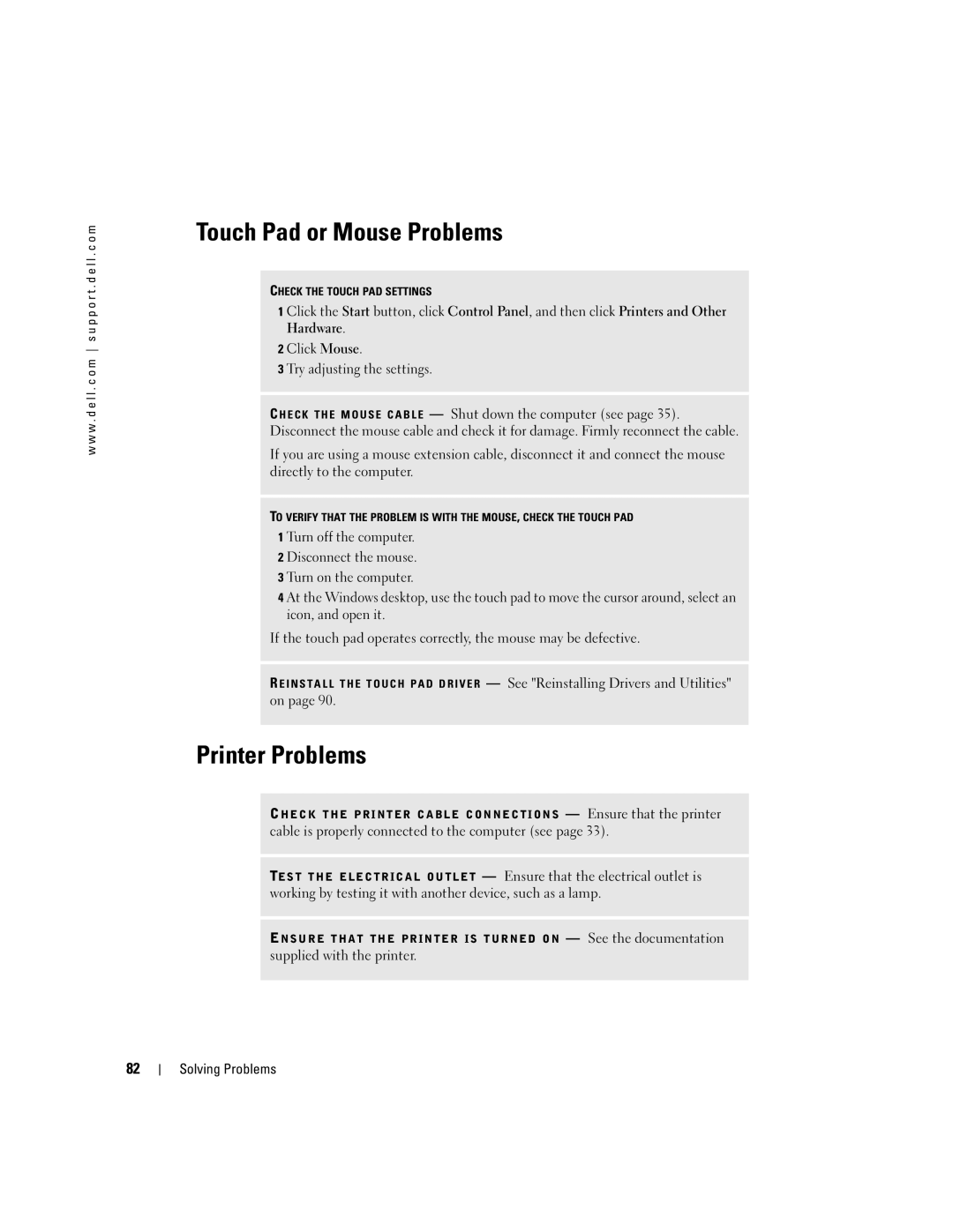 Dell 9100 owner manual Touch Pad or Mouse Problems, Printer Problems 