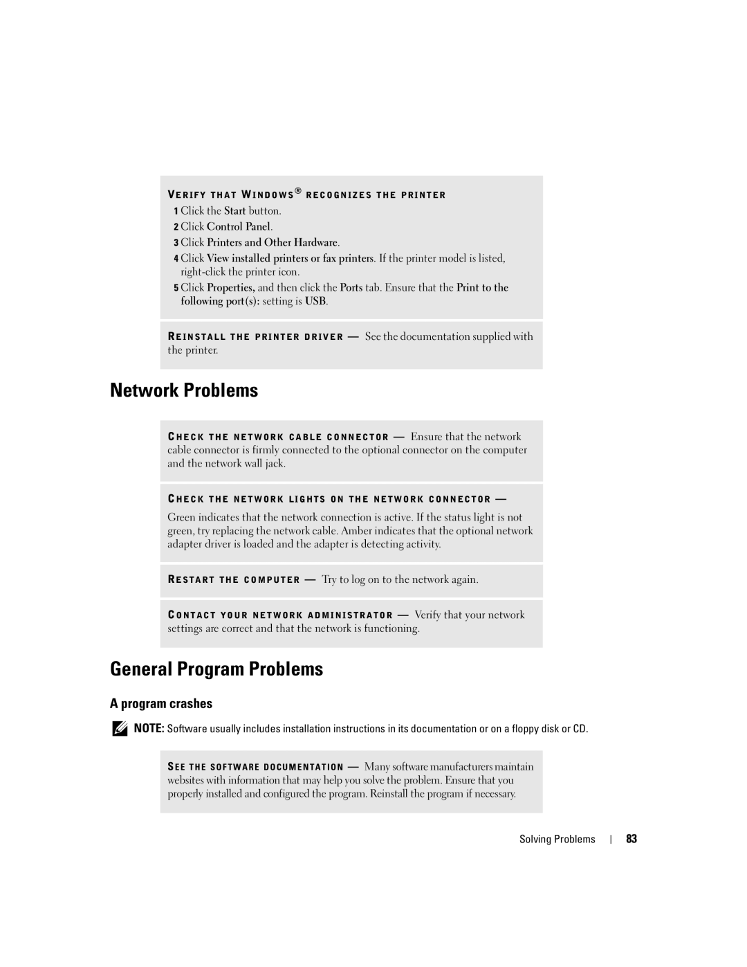 Dell 9100 owner manual Network Problems, General Program Problems, Program crashes 