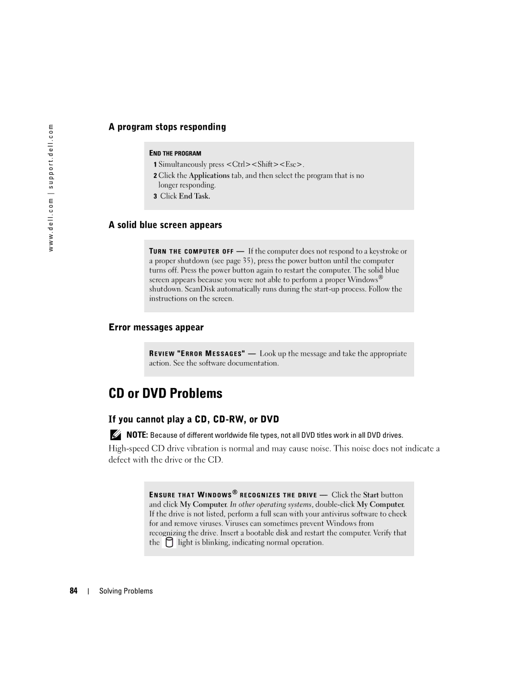 Dell 9100 owner manual CD or DVD Problems, Program stops responding, Solid blue screen appears, Error messages appear 