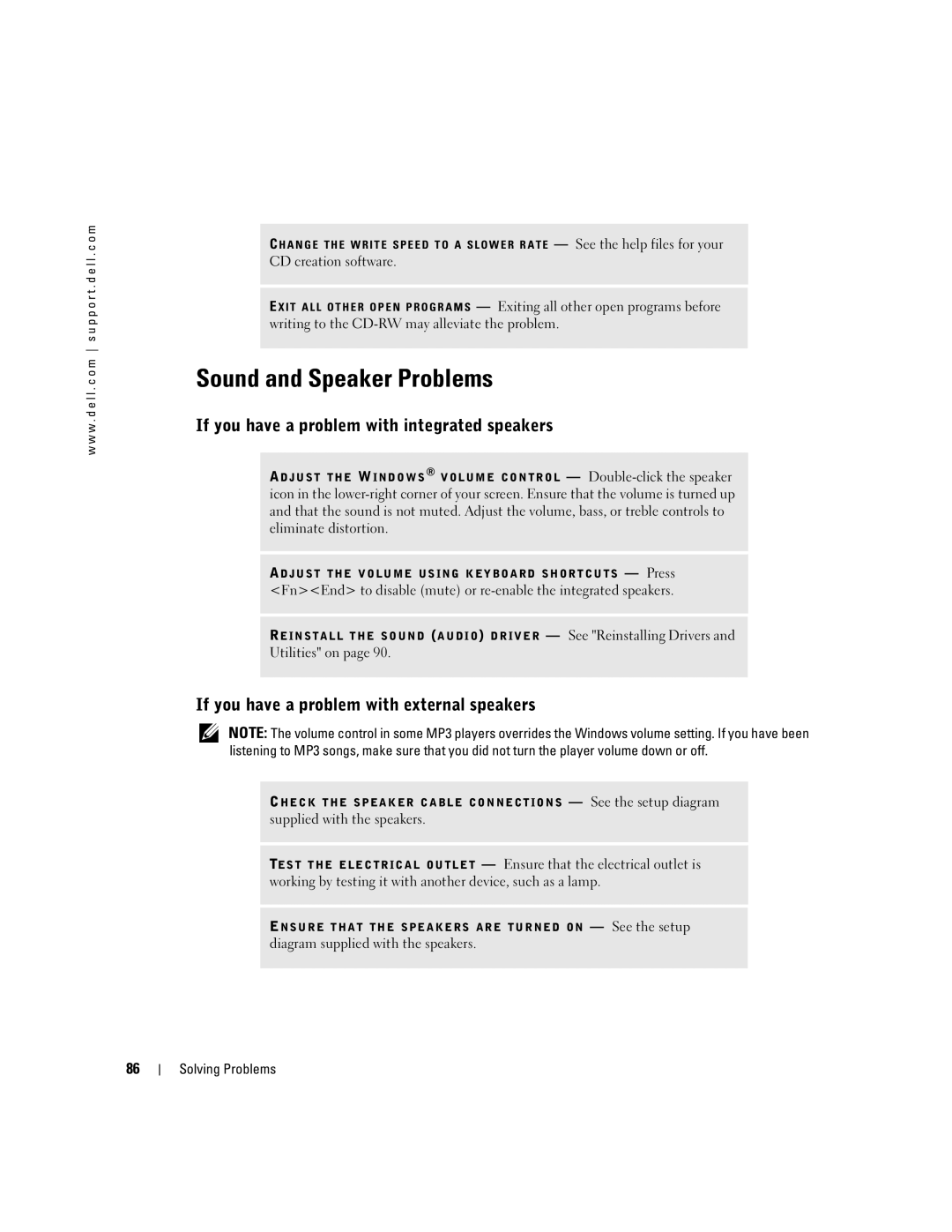 Dell 9100 owner manual Sound and Speaker Problems, If you have a problem with integrated speakers 