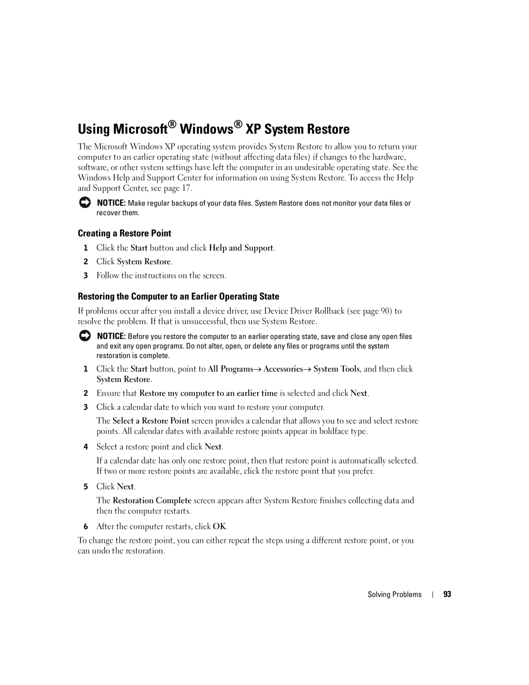 Dell 9100 Using Microsoft Windows XP System Restore, Creating a Restore Point, Select a restore point and click Next 