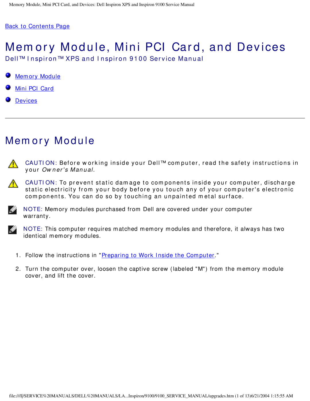 Dell 9100 service manual Memory Module, Mini PCI Card, and Devices 