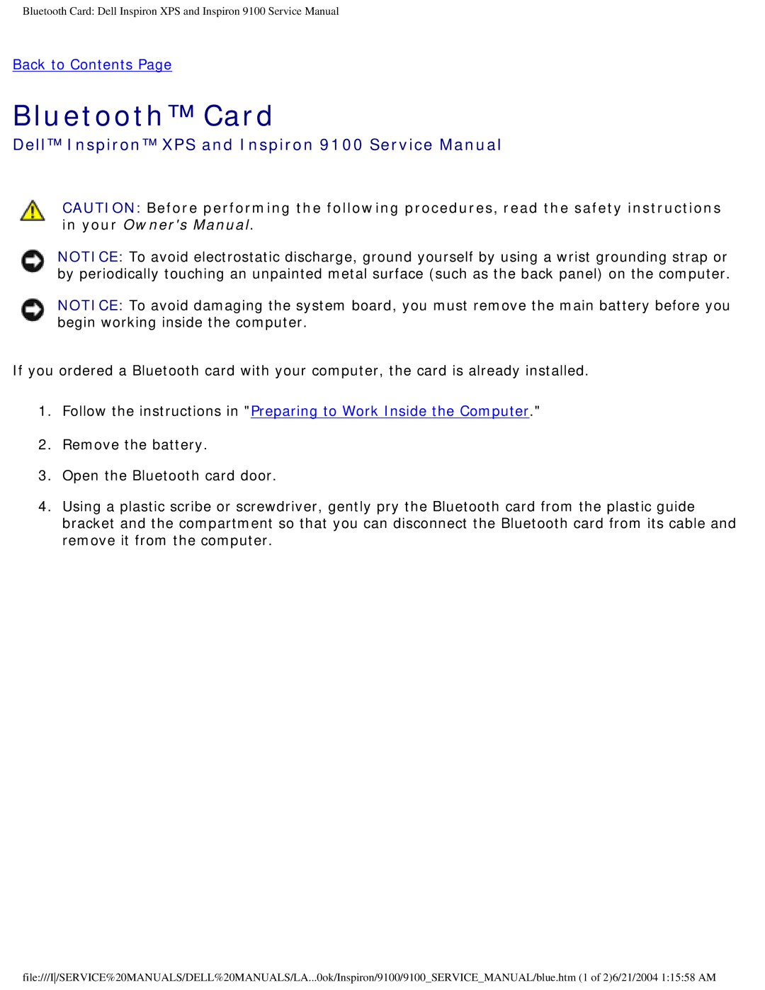 Dell 9100 service manual Bluetooth Card 