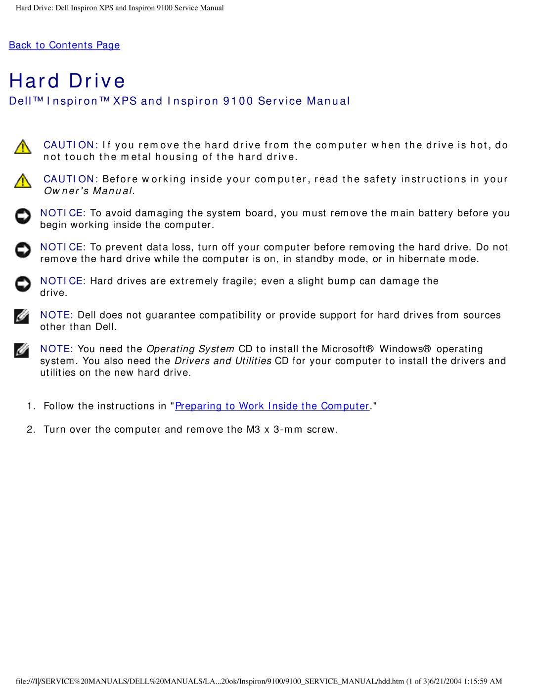 Dell 9100 service manual Hard Drive, Turn over the computer and remove the M3 x 3-mm screw 