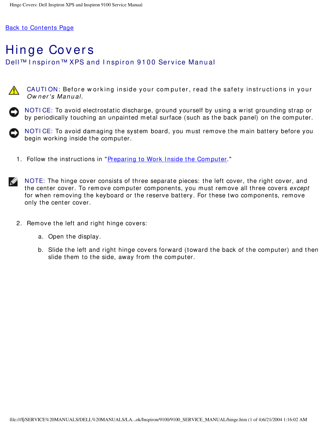 Dell 9100 service manual Hinge Covers 