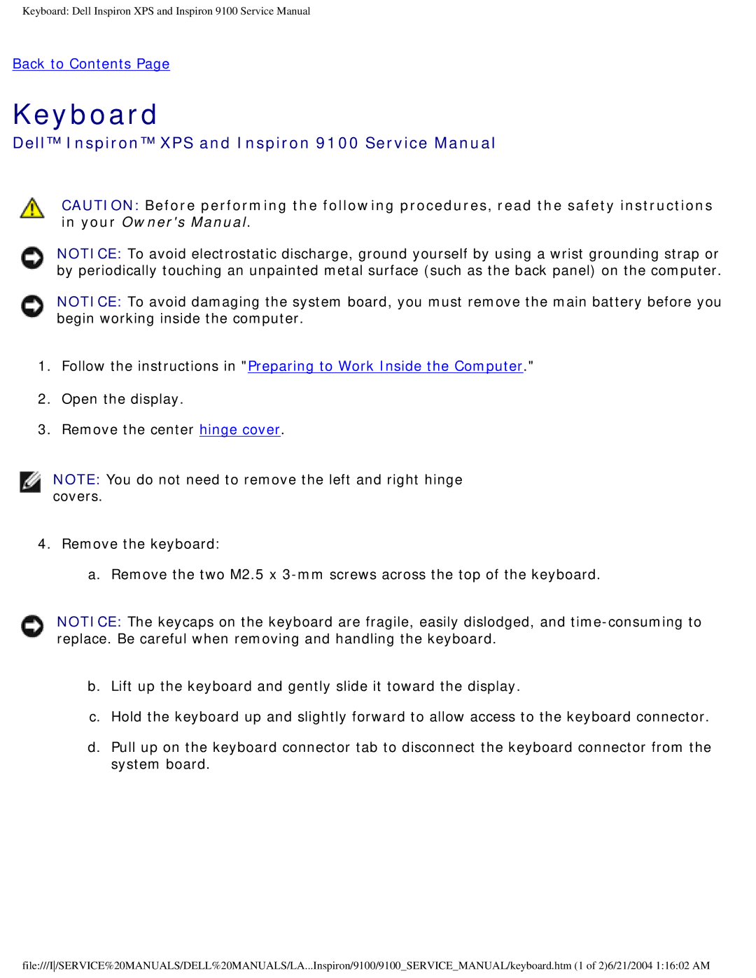 Dell 9100 service manual Keyboard 