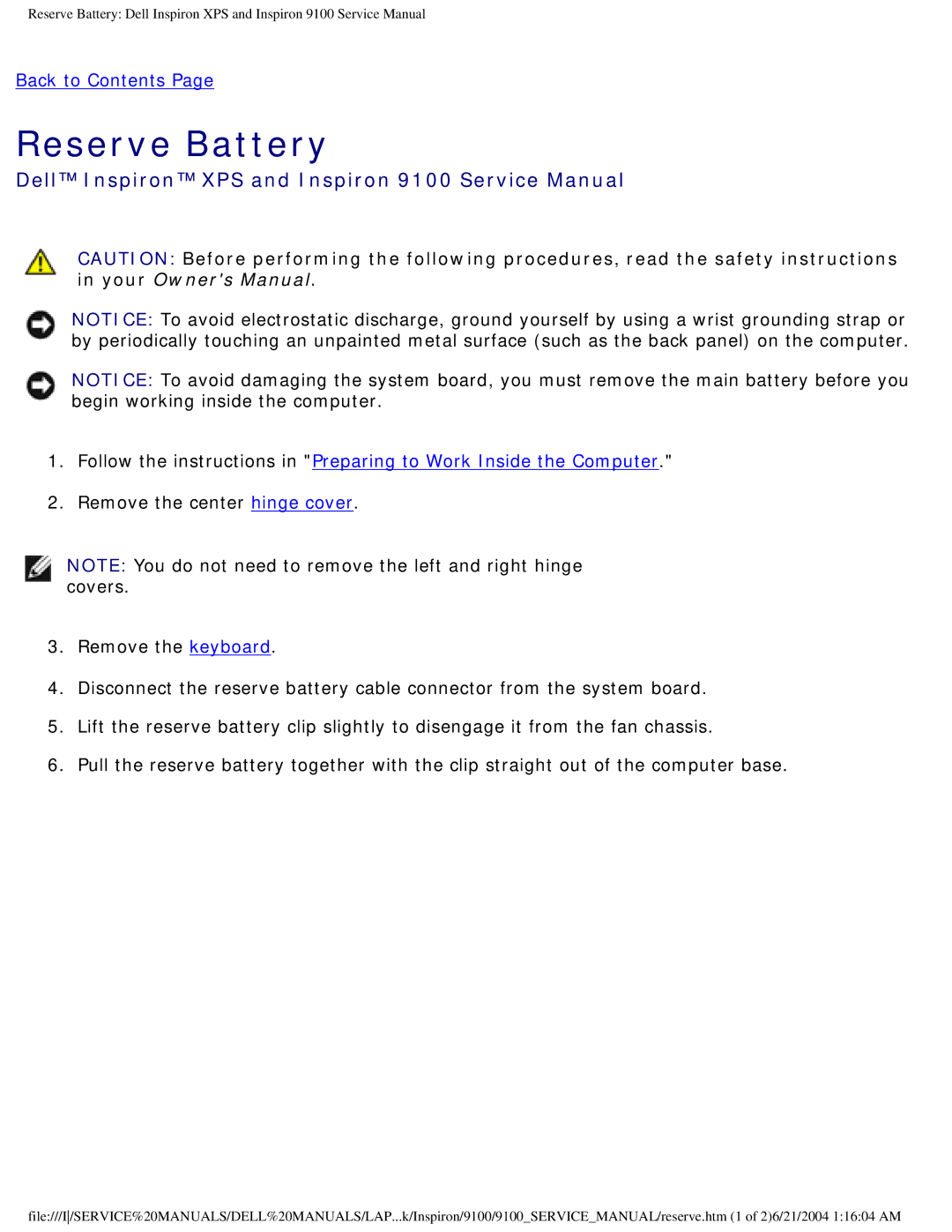 Dell 9100 service manual Reserve Battery 