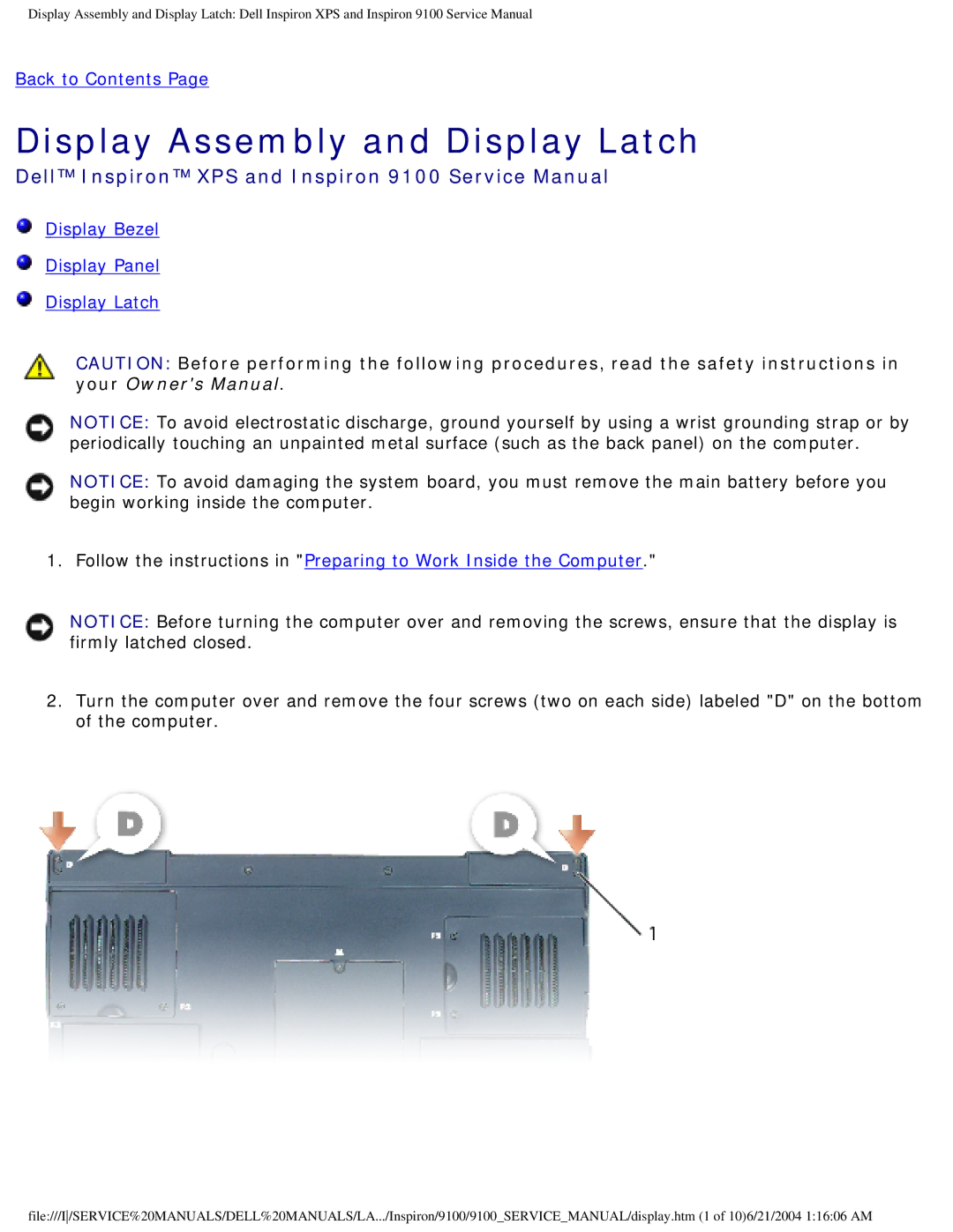 Dell 9100 service manual Display Assembly and Display Latch 