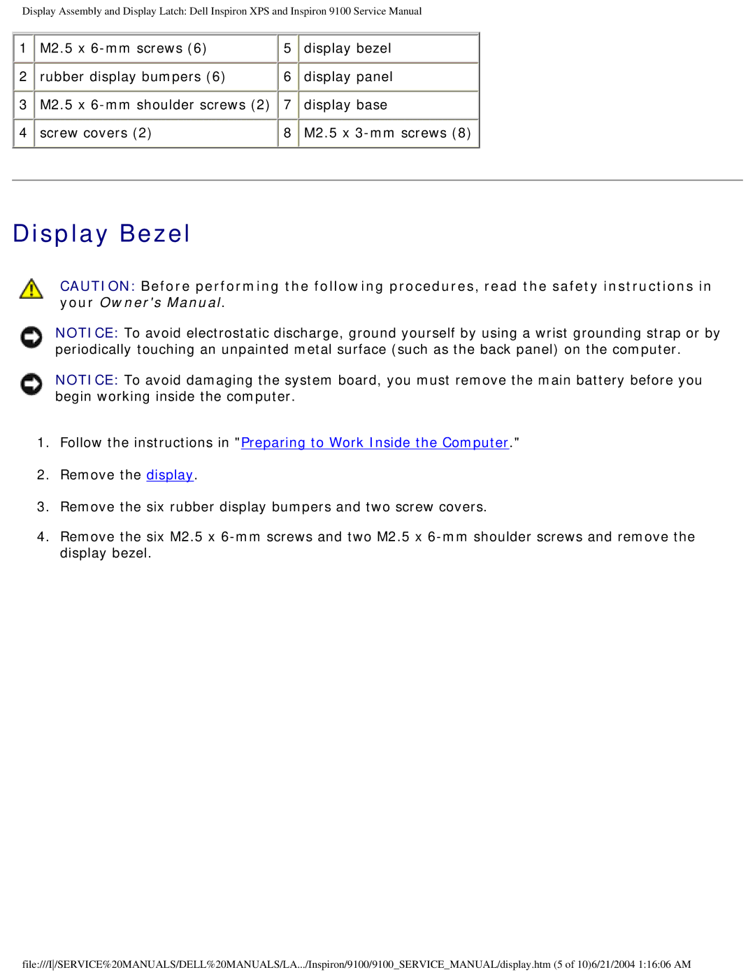 Dell 9100 service manual Display Bezel 