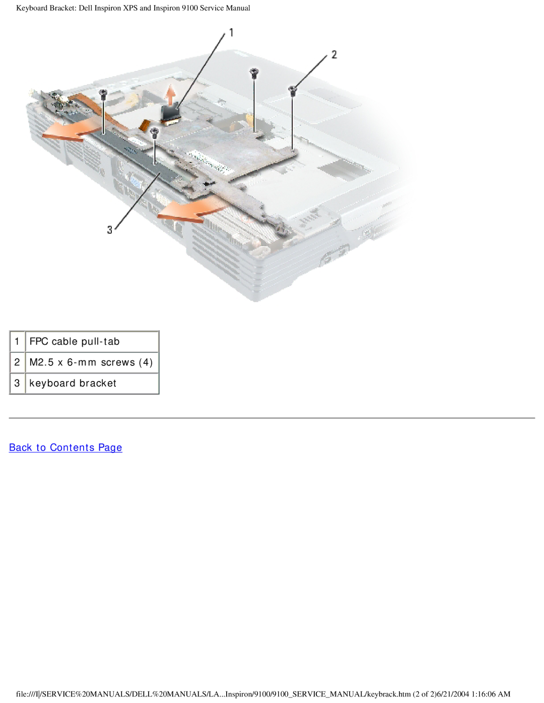 Dell 9100 service manual FPC cable pull-tab M2.5 x 6-mm screws 4 3 keyboard bracket 