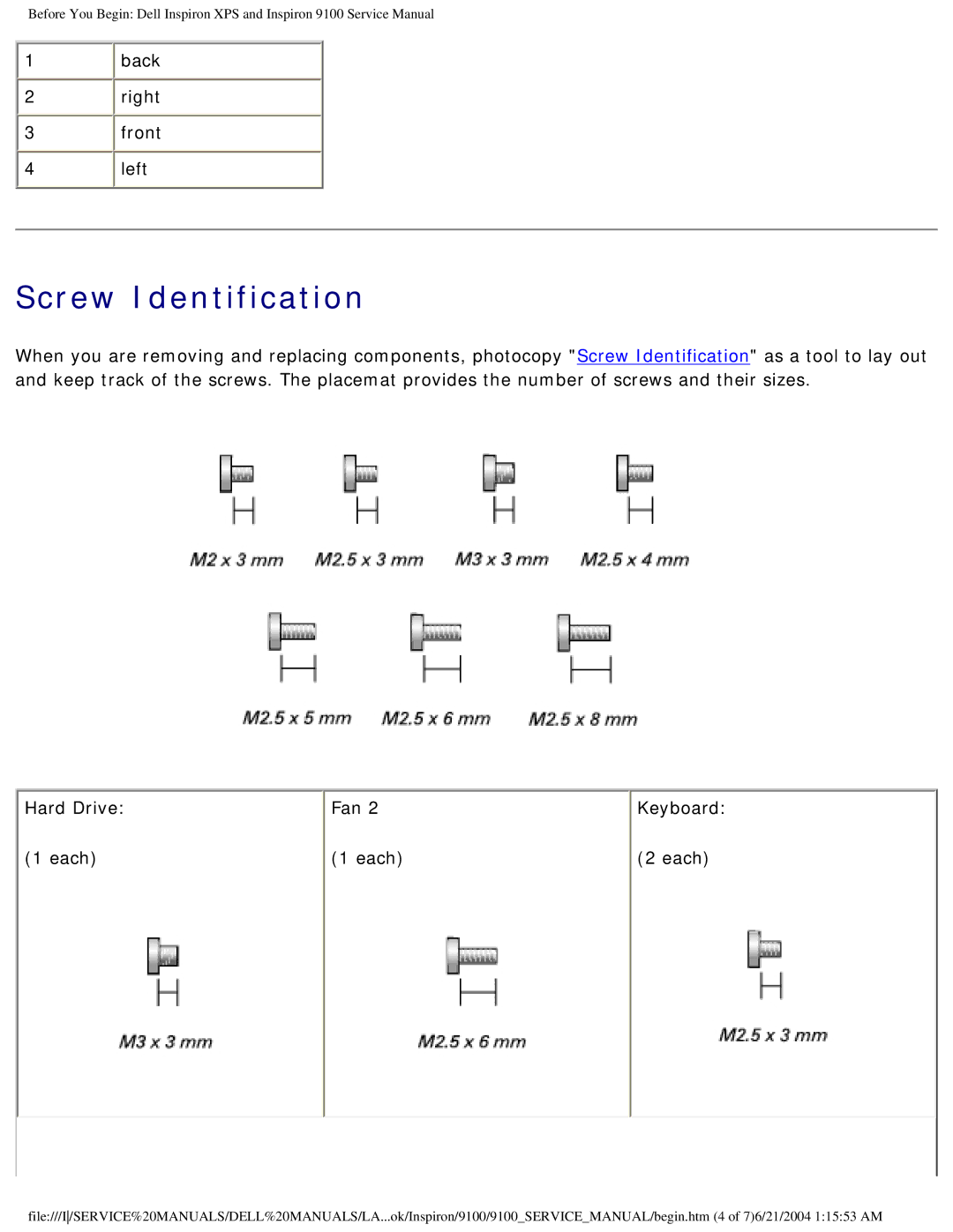 Dell 9100 service manual Screw Identification 