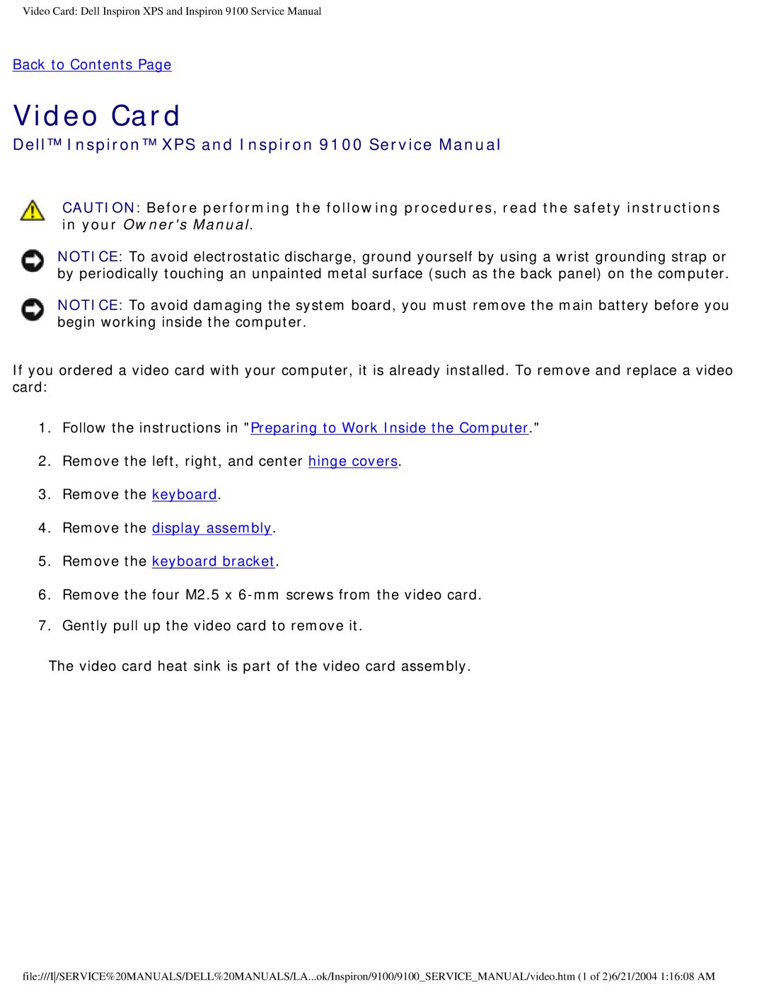 Dell 9100 service manual Video Card 