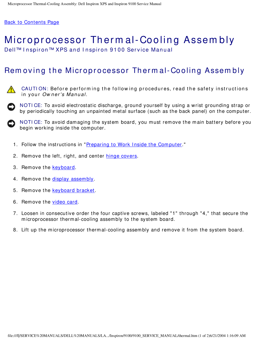 Dell 9100 service manual Removing the Microprocessor Thermal-Cooling Assembly 