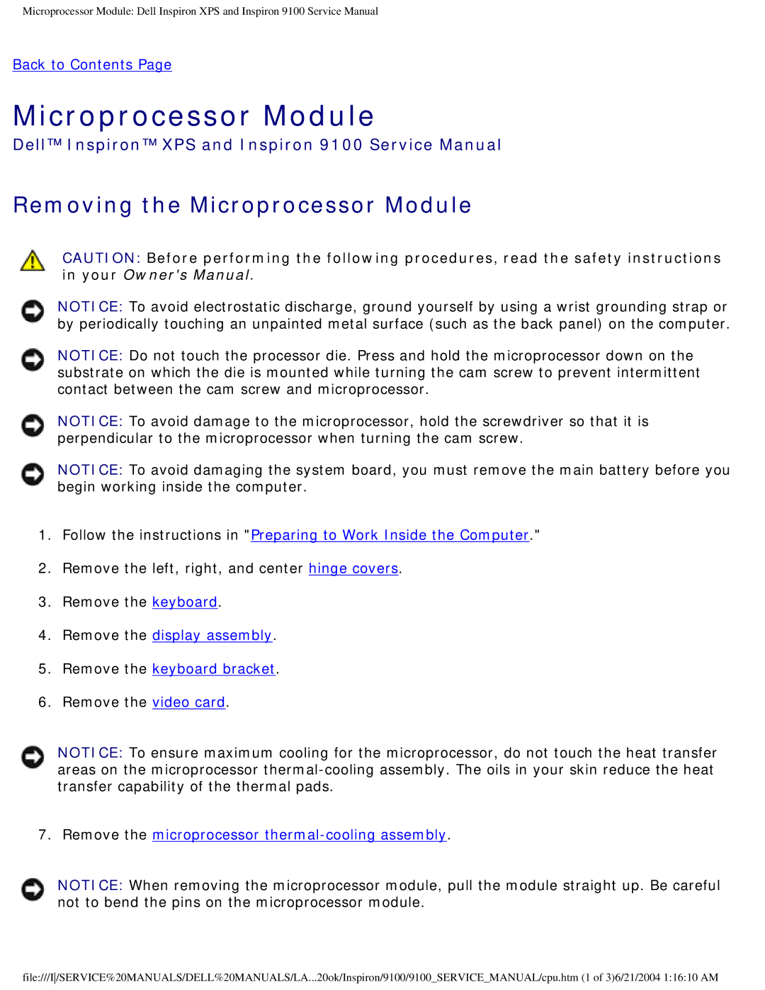 Dell 9100 service manual Removing the Microprocessor Module 