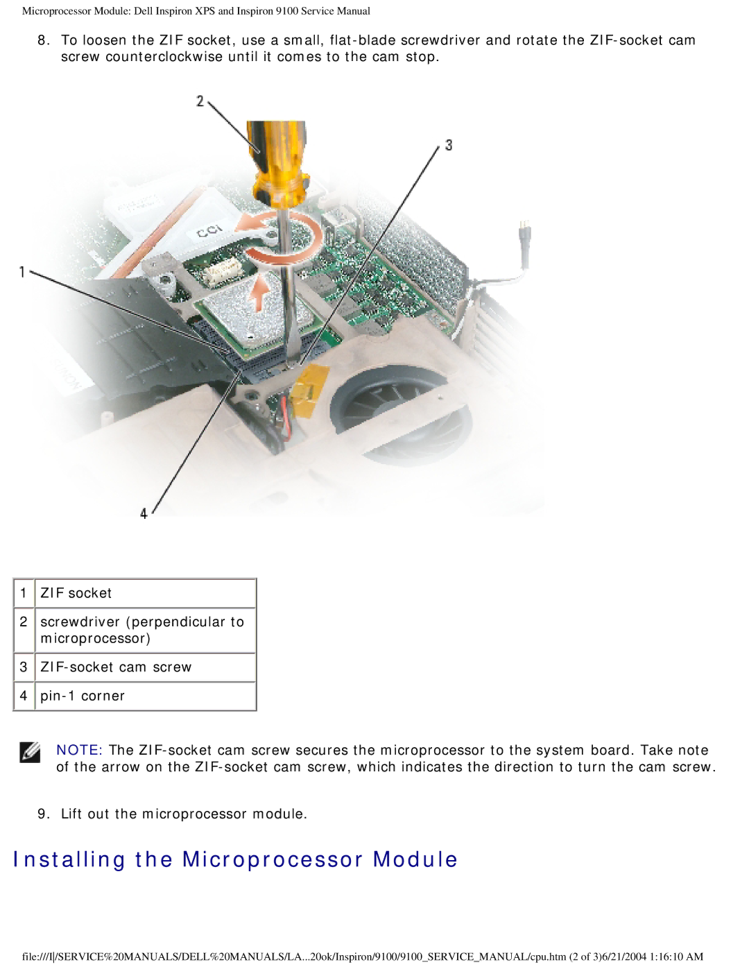 Dell 9100 service manual Installing the Microprocessor Module 