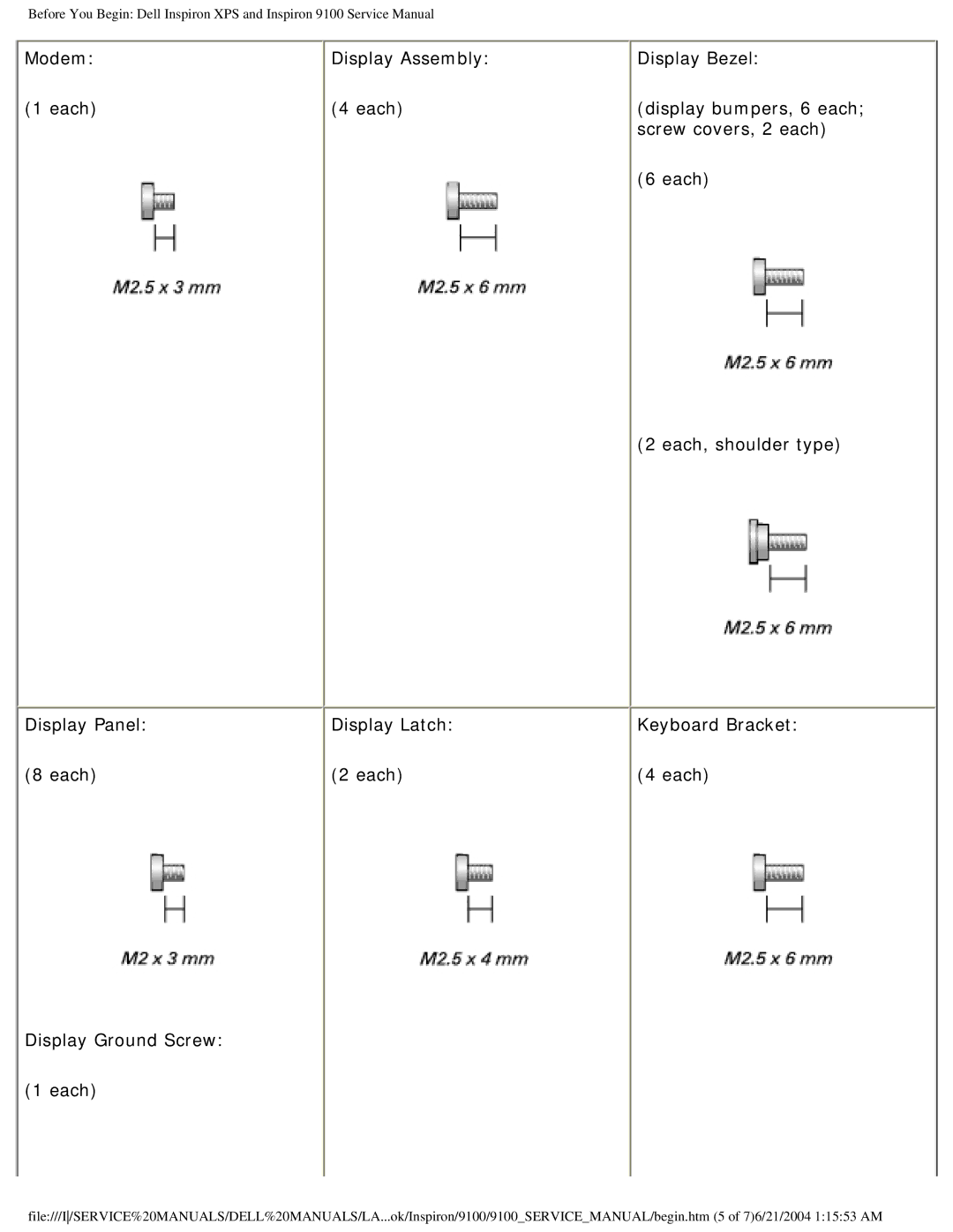 Dell 9100 service manual Each Display Ground Screw 1 each 