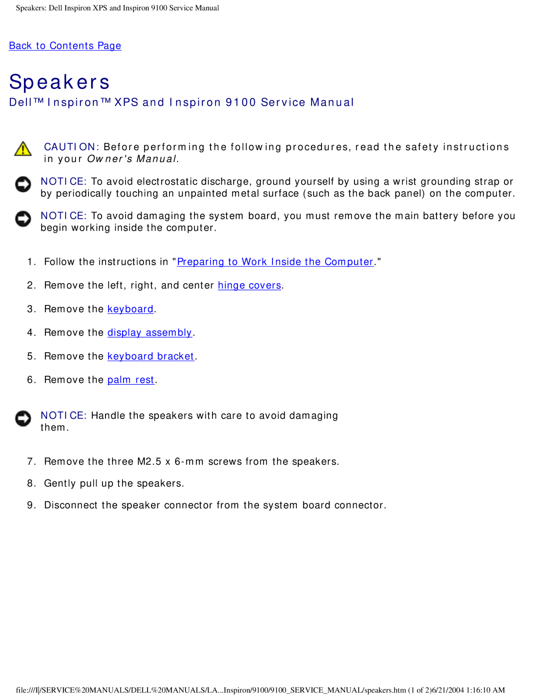 Dell 9100 service manual Speakers 