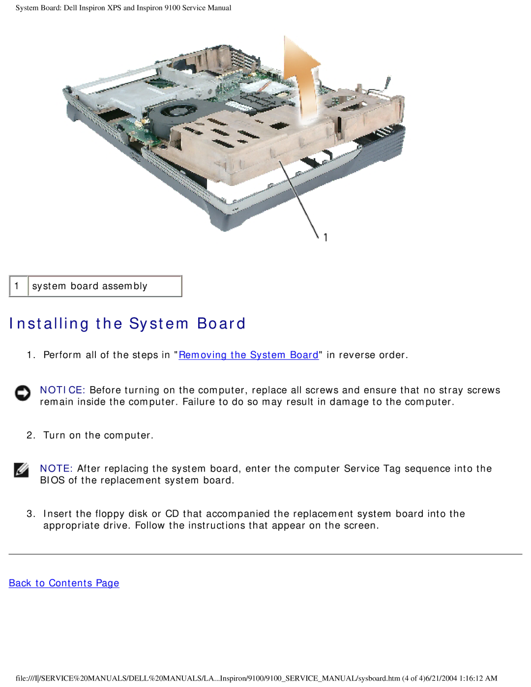 Dell 9100 service manual Installing the System Board 