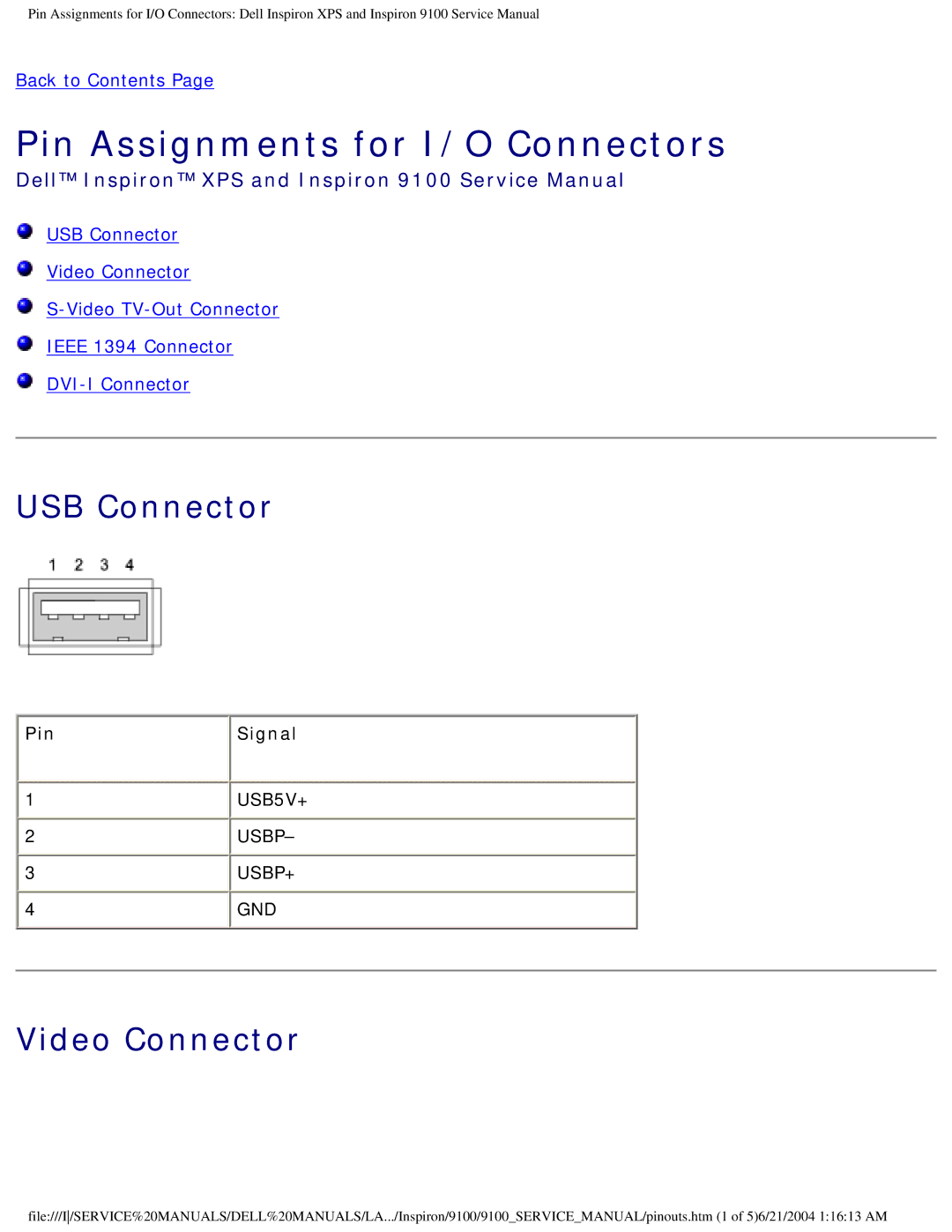 Dell 9100 service manual Pin Assignments for I/O Connectors, Video Connector 