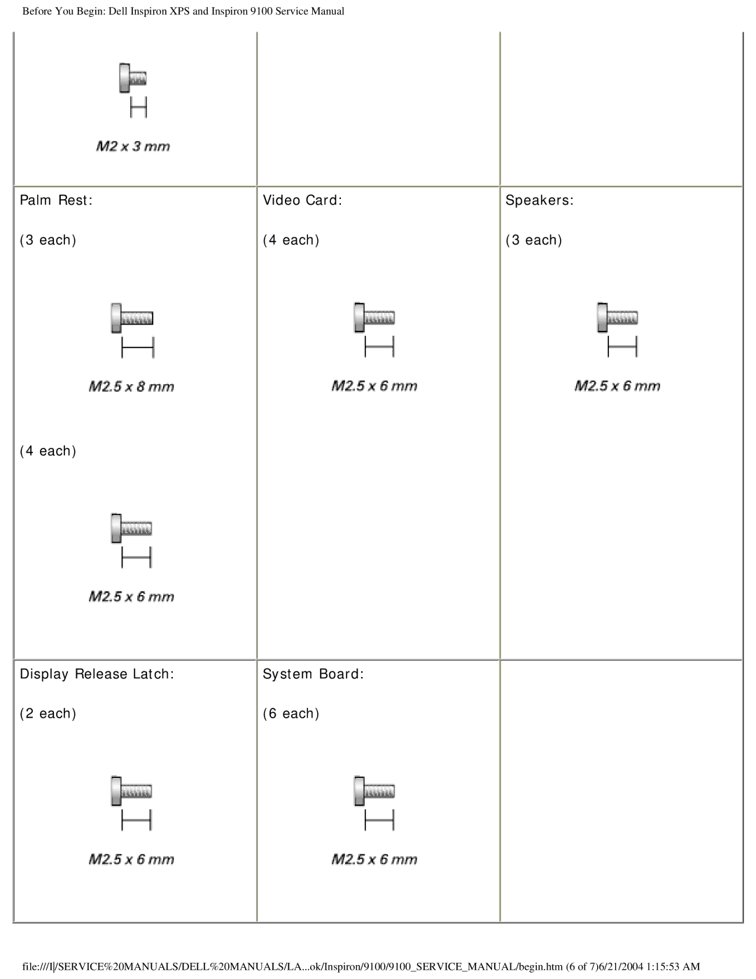 Dell 9100 service manual Palm Rest Video Card 