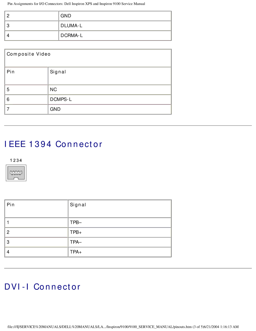 Dell 9100 service manual Ieee 1394 Connector 