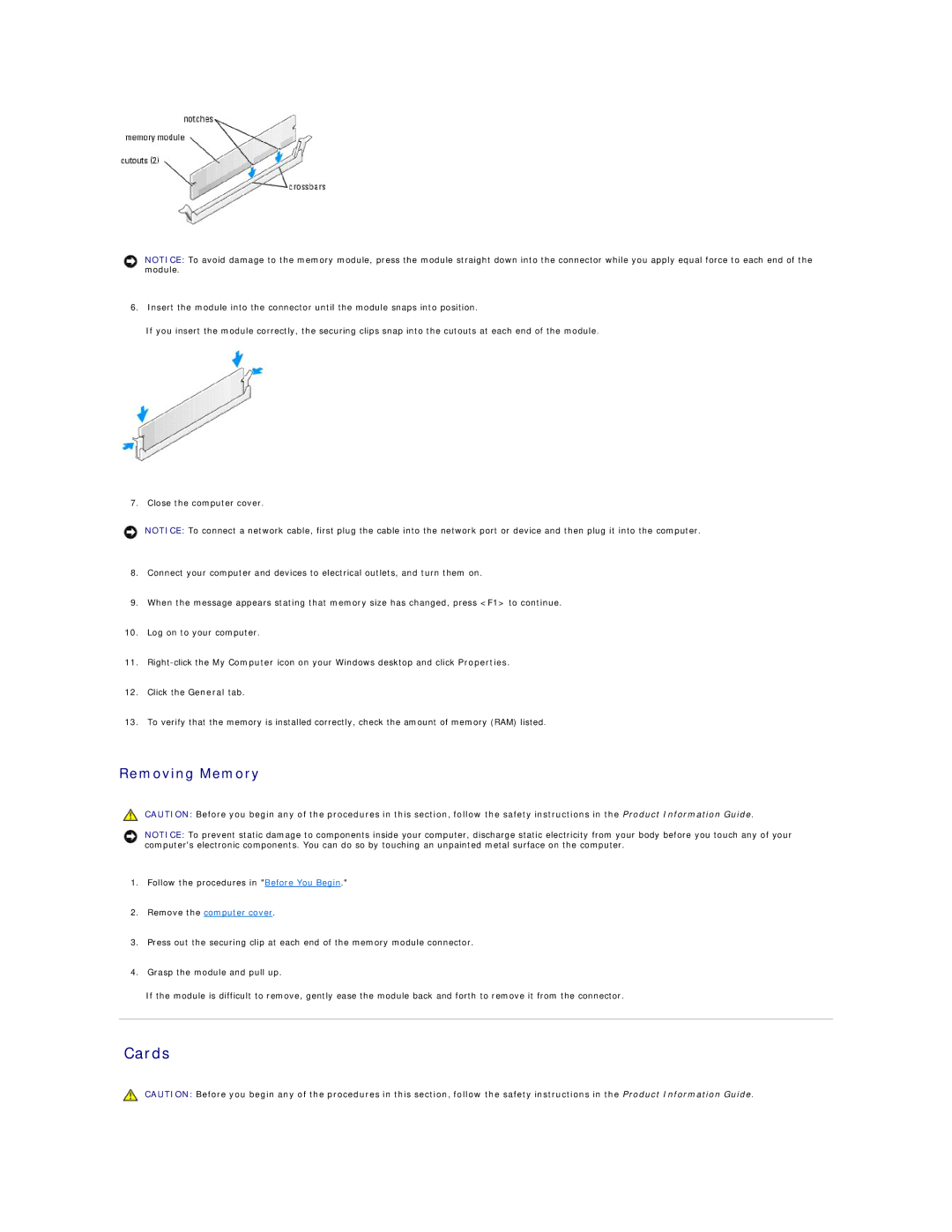 Dell 9100 specifications Cards, Removing Memory 