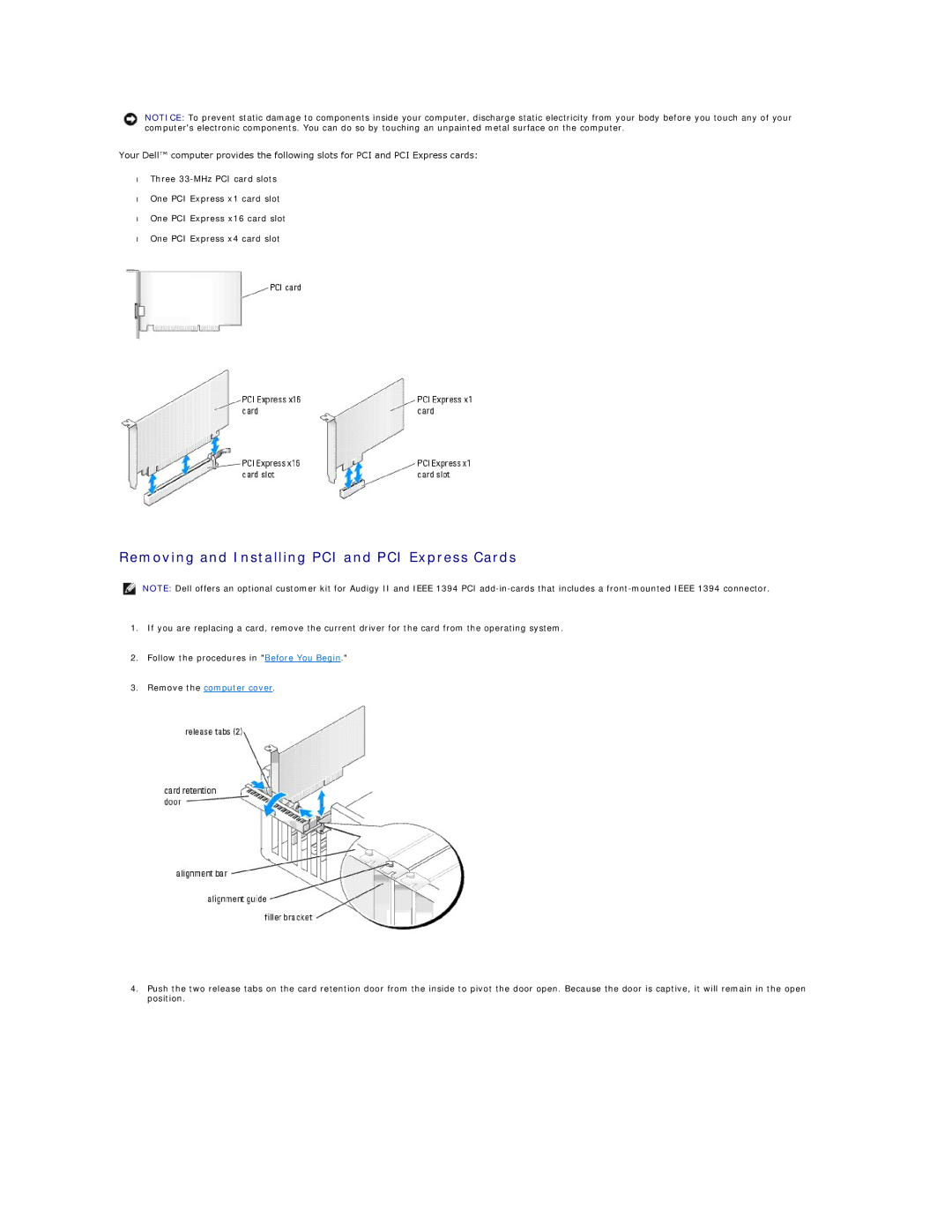 Dell 9100 specifications Removing and Installing PCI and PCI Express Cards 