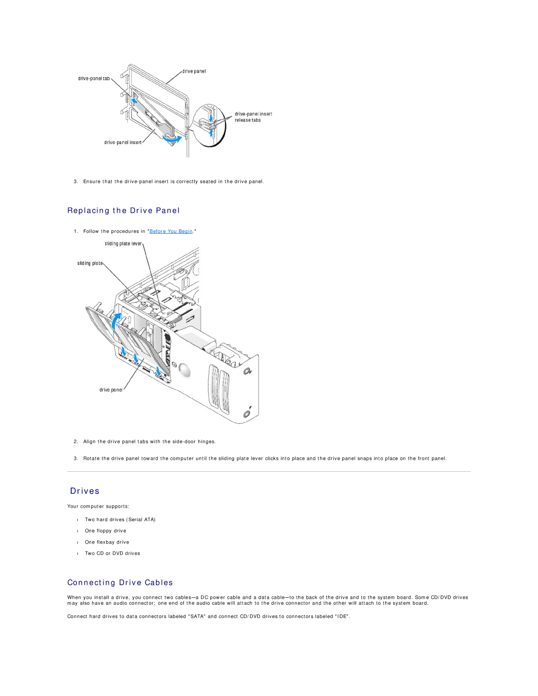 Dell 9100 specifications Drives, Replacing the Drive Panel, Connecting Drive Cables 