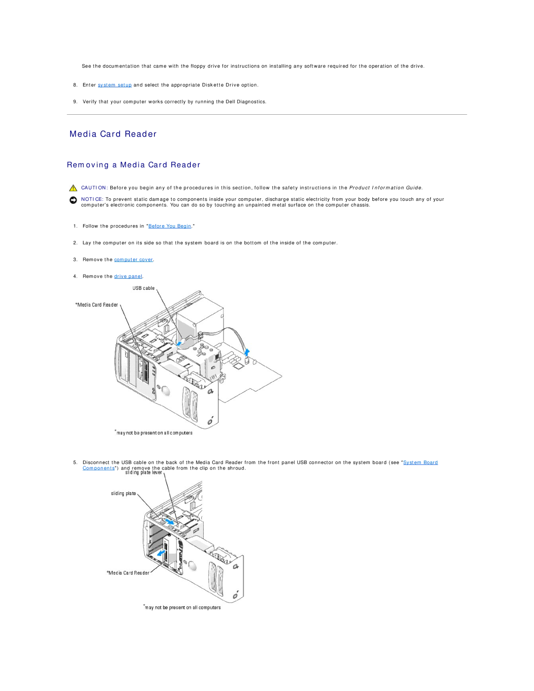 Dell 9100 specifications Removing a Media Card Reader 