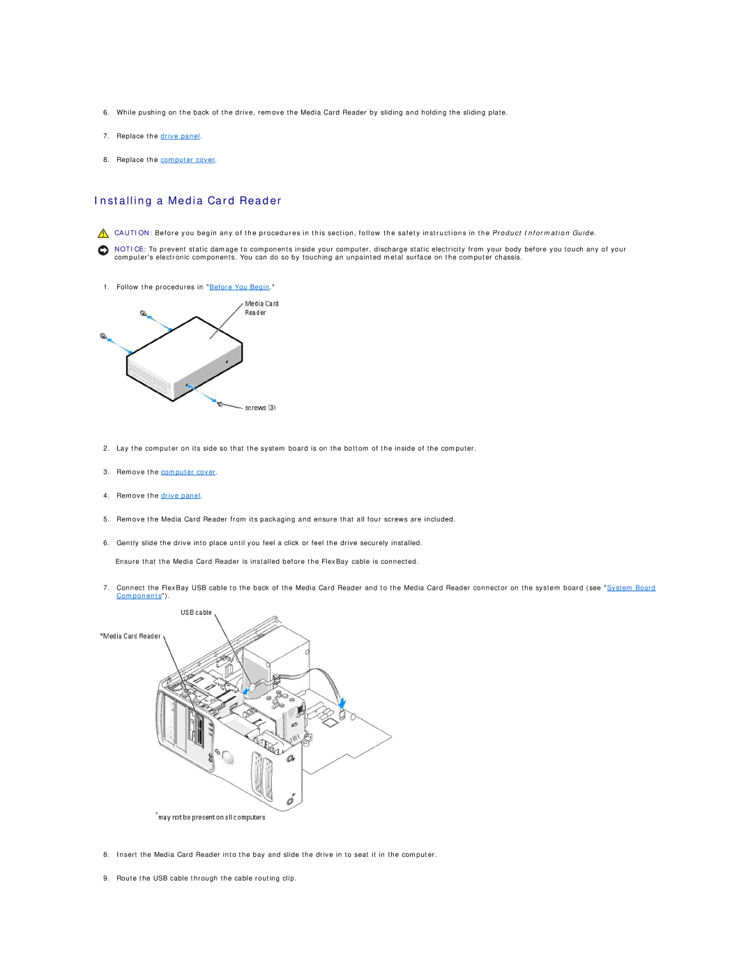 Dell 9100 specifications Installing a Media Card Reader, Replace the computer cover 