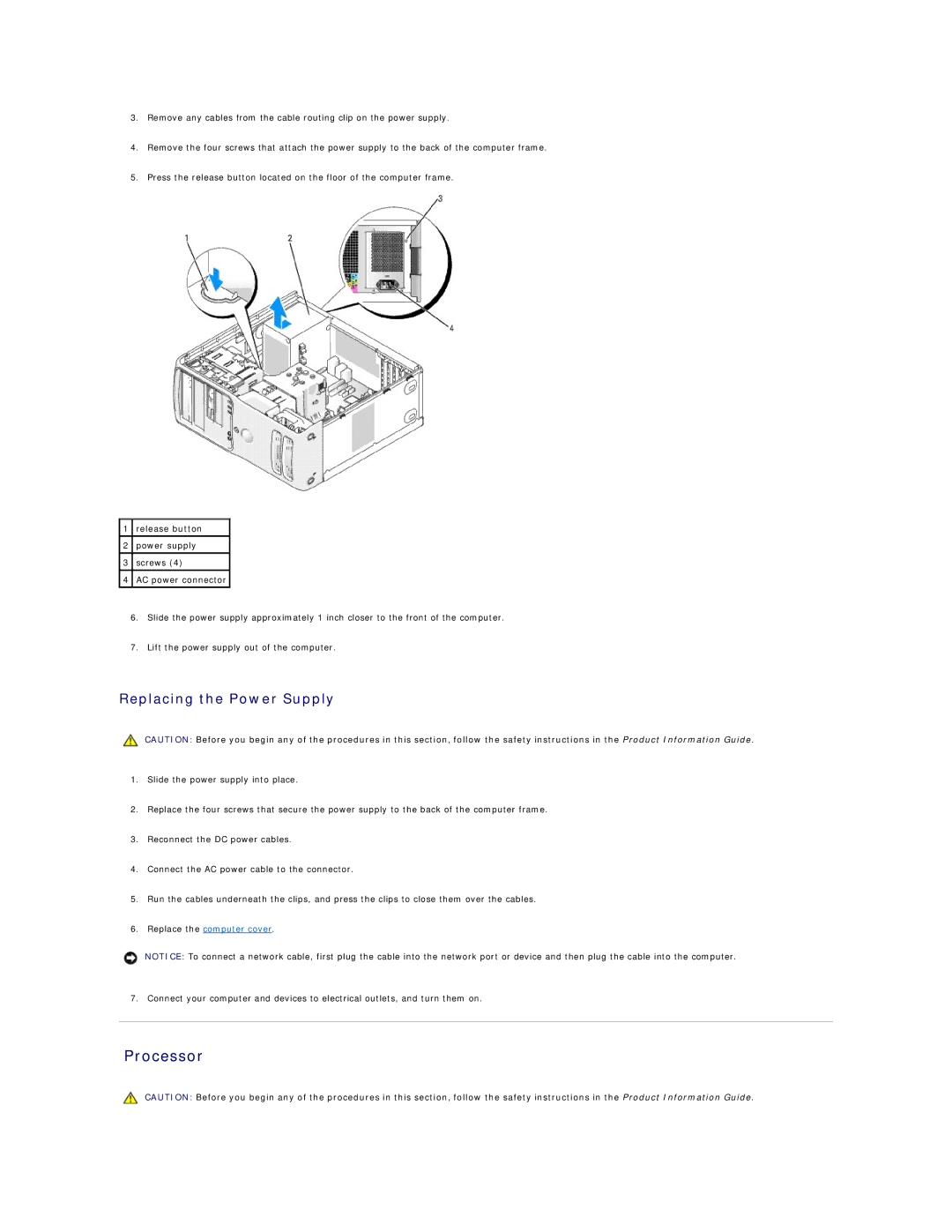 Dell 9100 specifications Processor, Replacing the Power Supply 