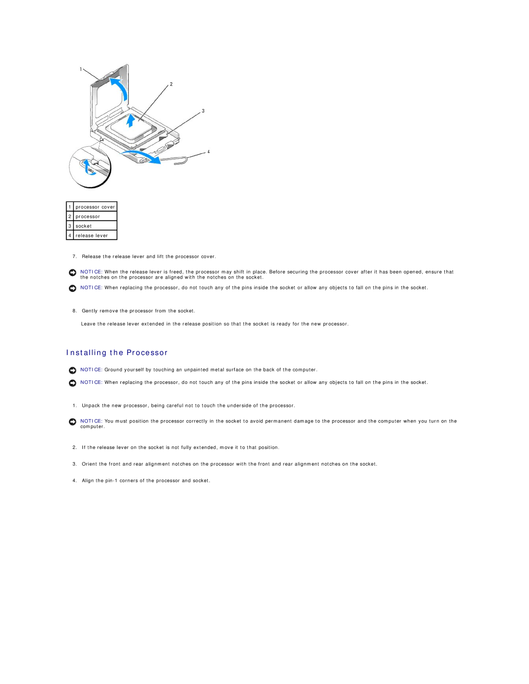 Dell 9100 specifications Installing the Processor 