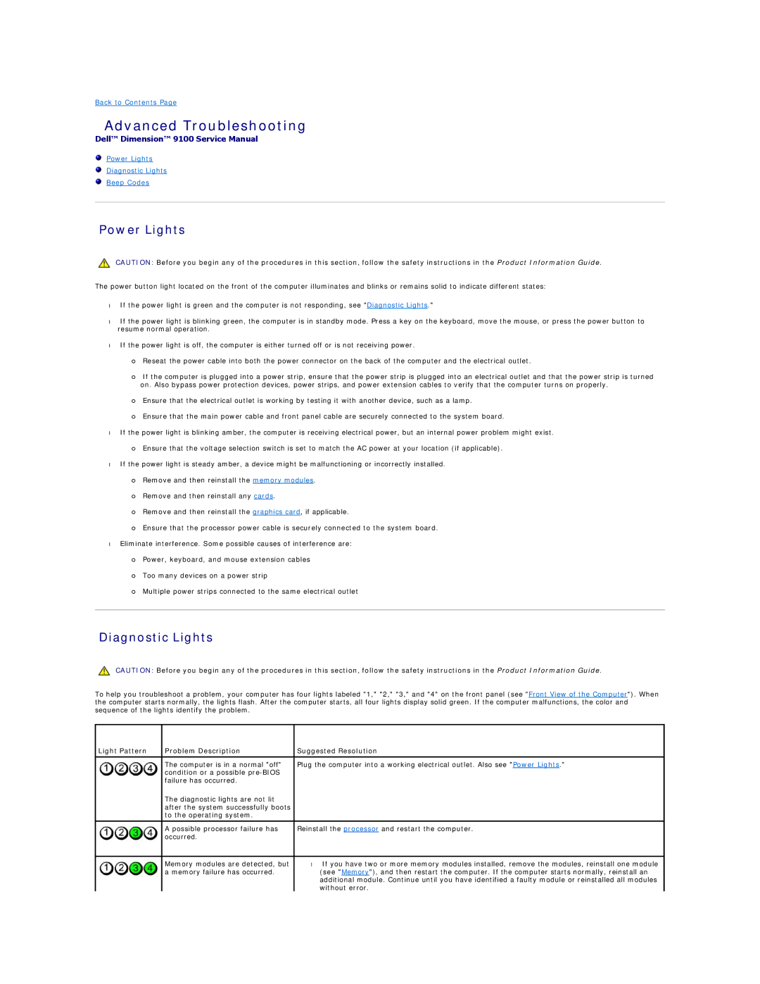 Dell 9100 specifications Advanced Troubleshooting, Power Lights Diagnostic Lights Beep Codes 