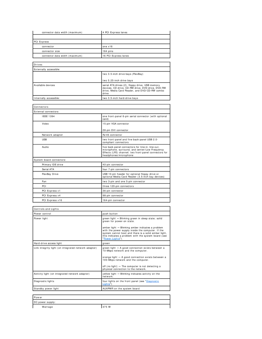 Dell 9100 specifications Drives, Connectors, Controls and Lights, Power 