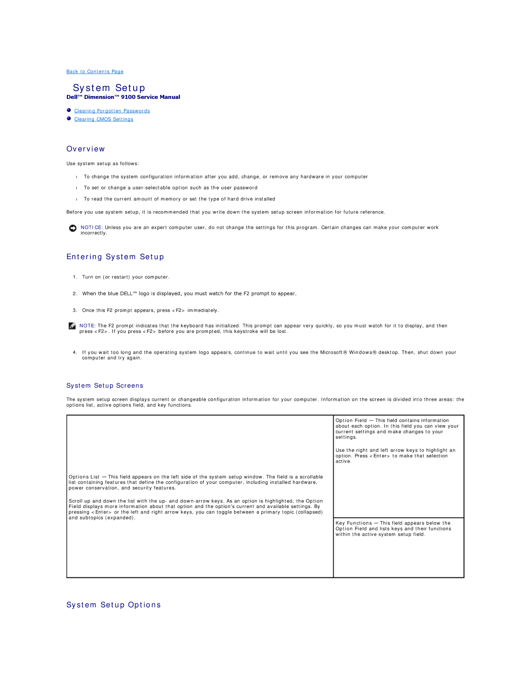 Dell 9100 Overview, Entering System Setup, System Setup Options, Clearing Forgotten Passwords Clearing Cmos Settings 